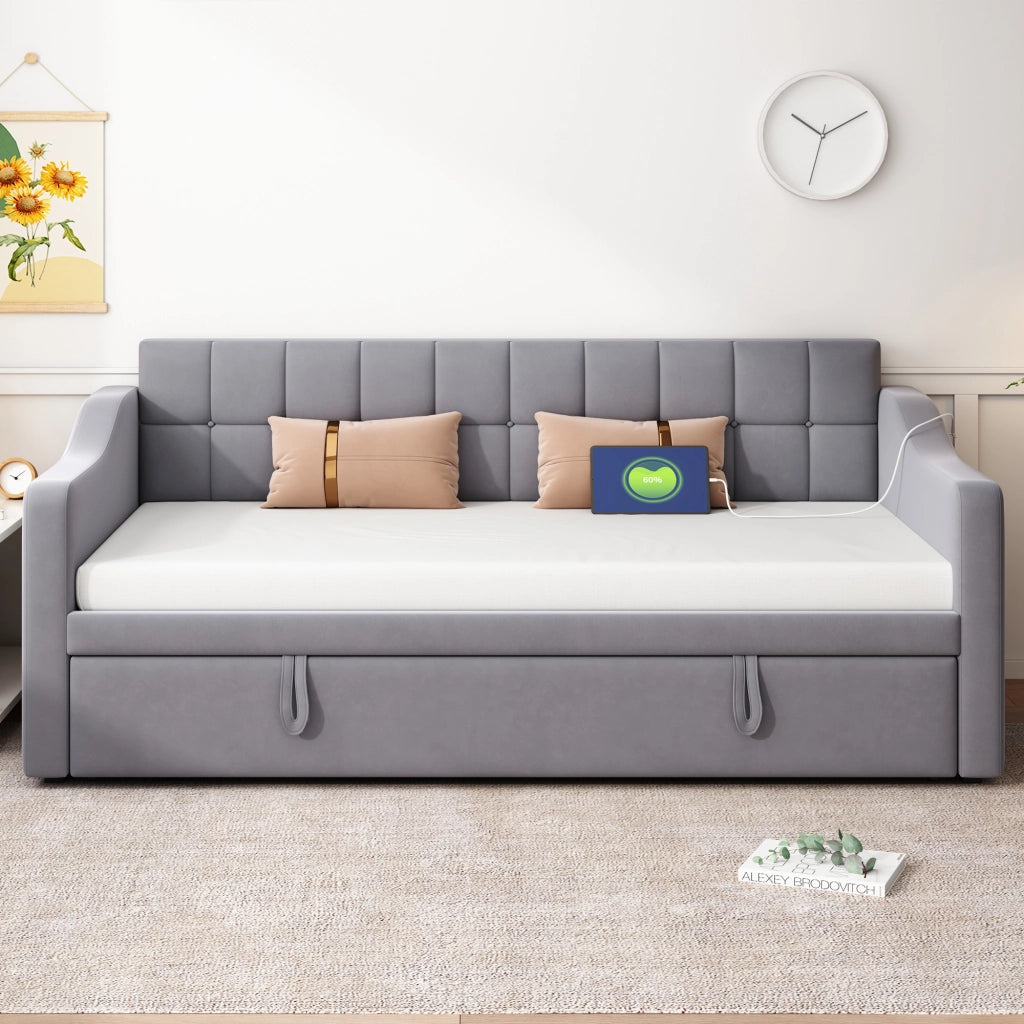 OKWISH Letto Estraibile 2 Posti, Letto Singolo con USB e Tasca Portaoggetti, 90×190 cm e 180×190 cm, senza Materasso, Velluto Grigio