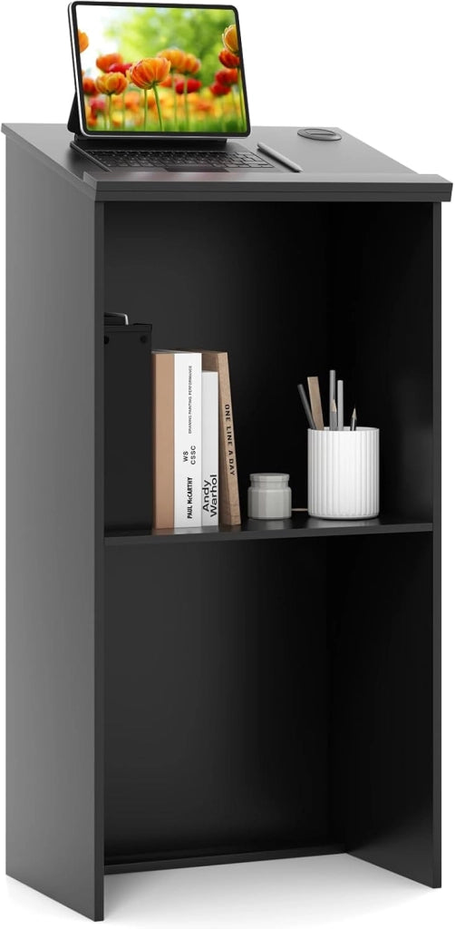 GIANTEX Podio, supporto hostess per oratori con ripiano e fori via cavo, pulpito per chiesa, scrivania in legno per aule, ufficio, ristorante, seminario, 58 x 40 x 117 cm, nero, FE43948GNDE