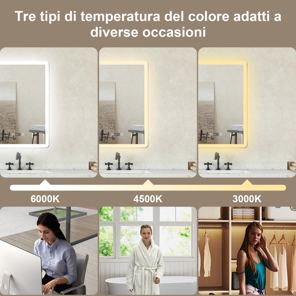 Specchio bagno Rettangolare 50x70cm Led Con 3 Luci + Orologio + Antiappannamento