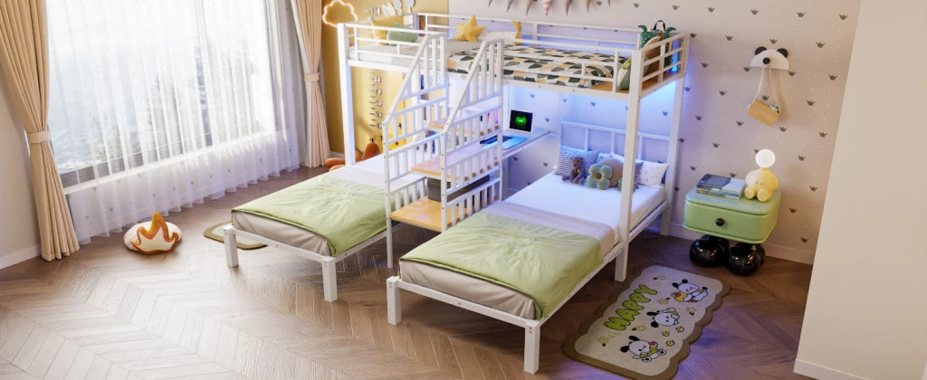 LETTO a castello 90x200 cm 3 posti in metallo e MDF bianco con LED, scrivania e USB
