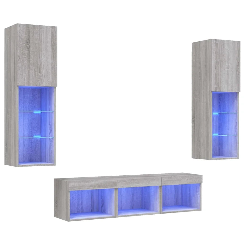 Mobili TV a Muro con LED 5pz | Armadietto TV | Mobile Porta TV Grigio Sonoma in Legno Multistrato