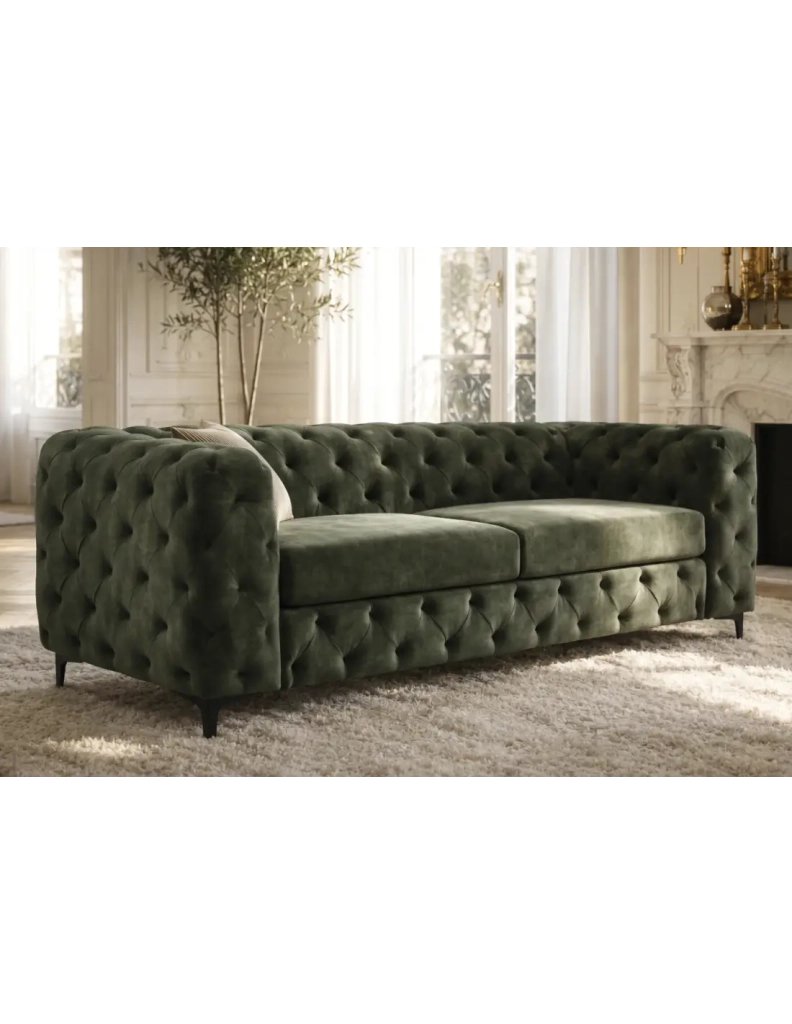 Divano dritto VELENA 3 posti in velluto capitonné - Verde scuro - 235 x 74 x 95 cm