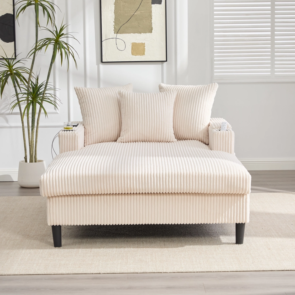 Chaise longue con vano portaoggetti USB LED portabicchieri e cuscini in velluto a coste beige 129 × 170 × 70 cm