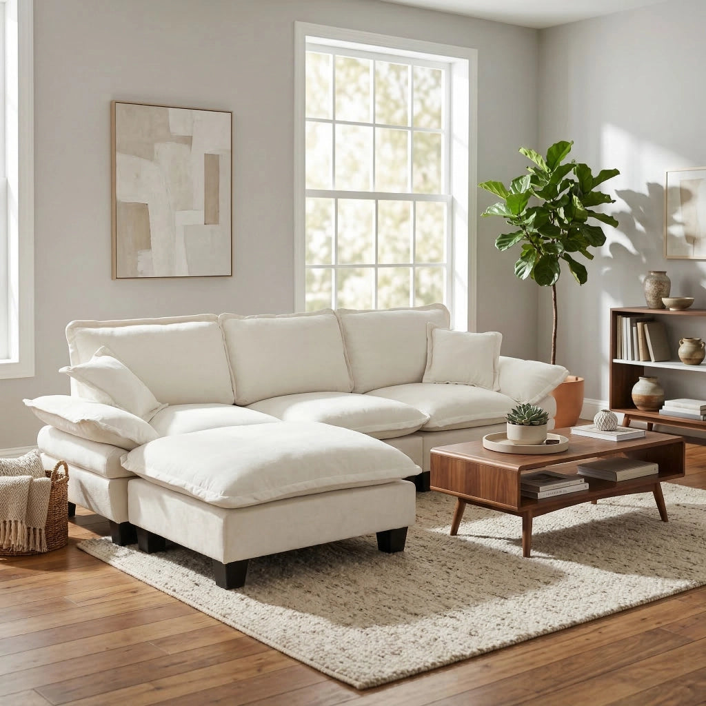 Divano Angolare Modulare con Ottomane ¨C MINIMAL ¨C Chaise Longue, Chenille, Beige, Cuscini