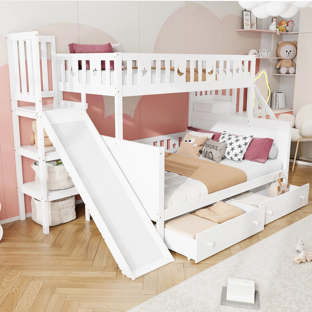OKWISH Letto a Castello 90×200 cm e 140×200 cm, Letto 3 Posti con Scivolo, Ripiani e 2 Cassetti, senza Materasso, Bianco
