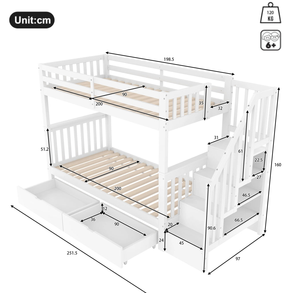 Letto a castello ULEVR 90x200 cm con scala a ripiani, 2 cassetti e sponde alte, bianco