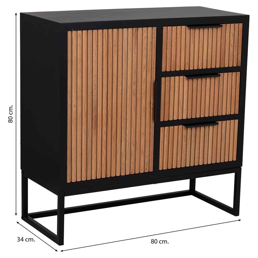 Credenza con 1 anta e 3 cassetti in legno e metallo 80x34x80h cm