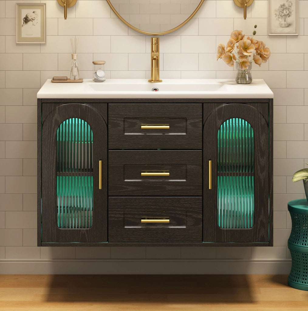 Mobile bagno sospeso 76 cm con lavabo; 2 cassetti; vetro rigato; LED; nero