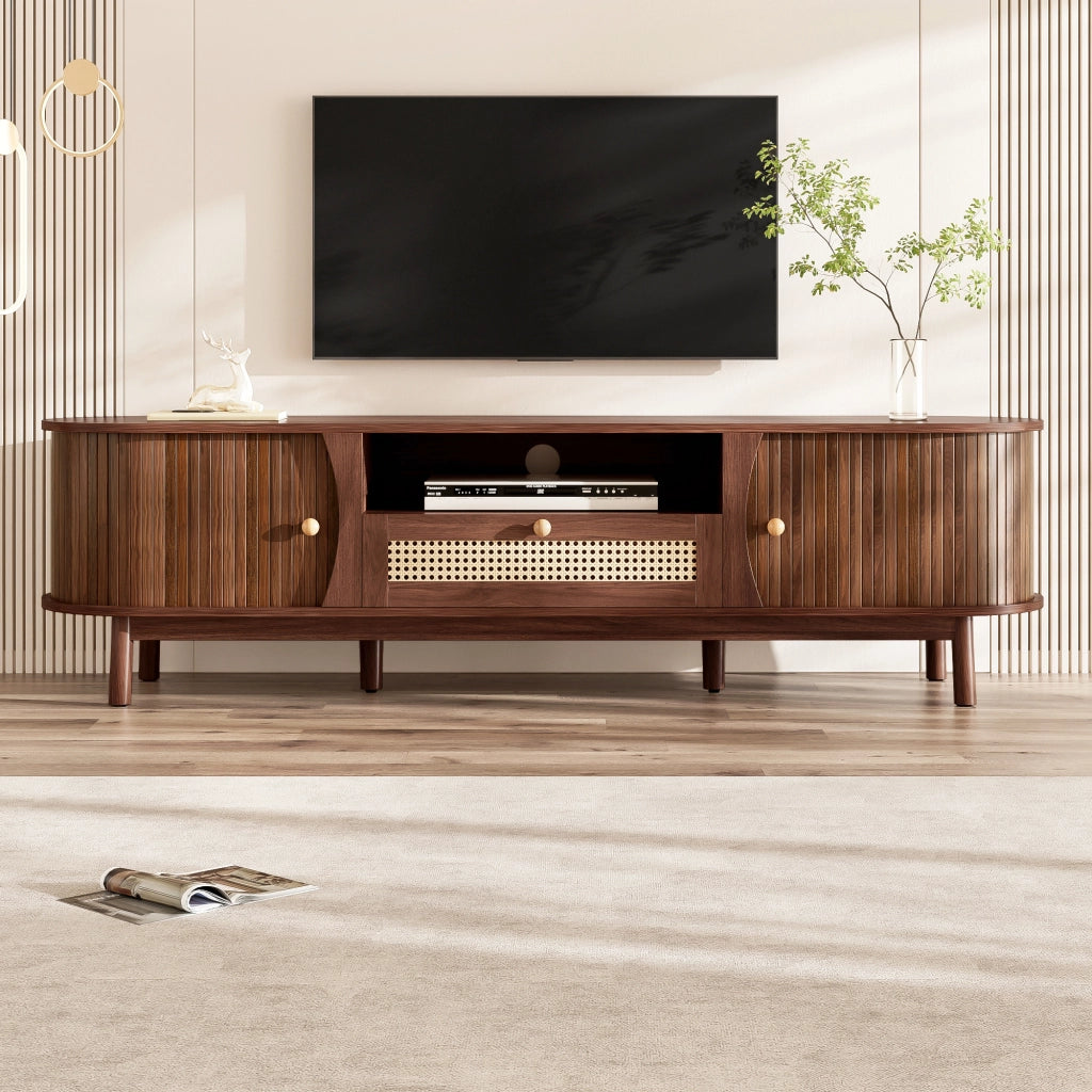 Mobile TV con 2 Ante Scorrevoli e 2 Cassetti in Rattan; Stile Country; Soggiorno; 165??37??46 cm; in MDF; Noce