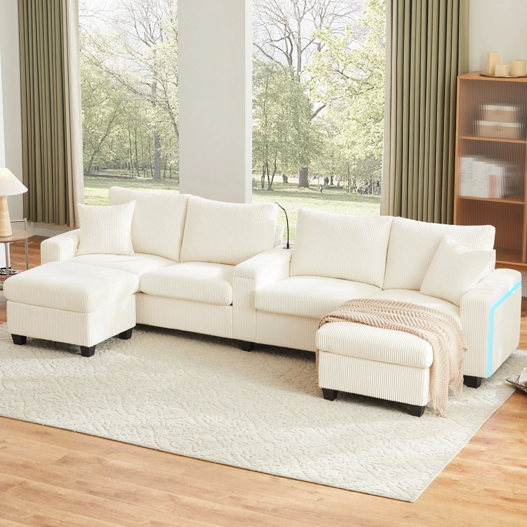 Divano angolare 4 posti con ricarica USB e Type-C; contenitore - in tessuto a coste beige