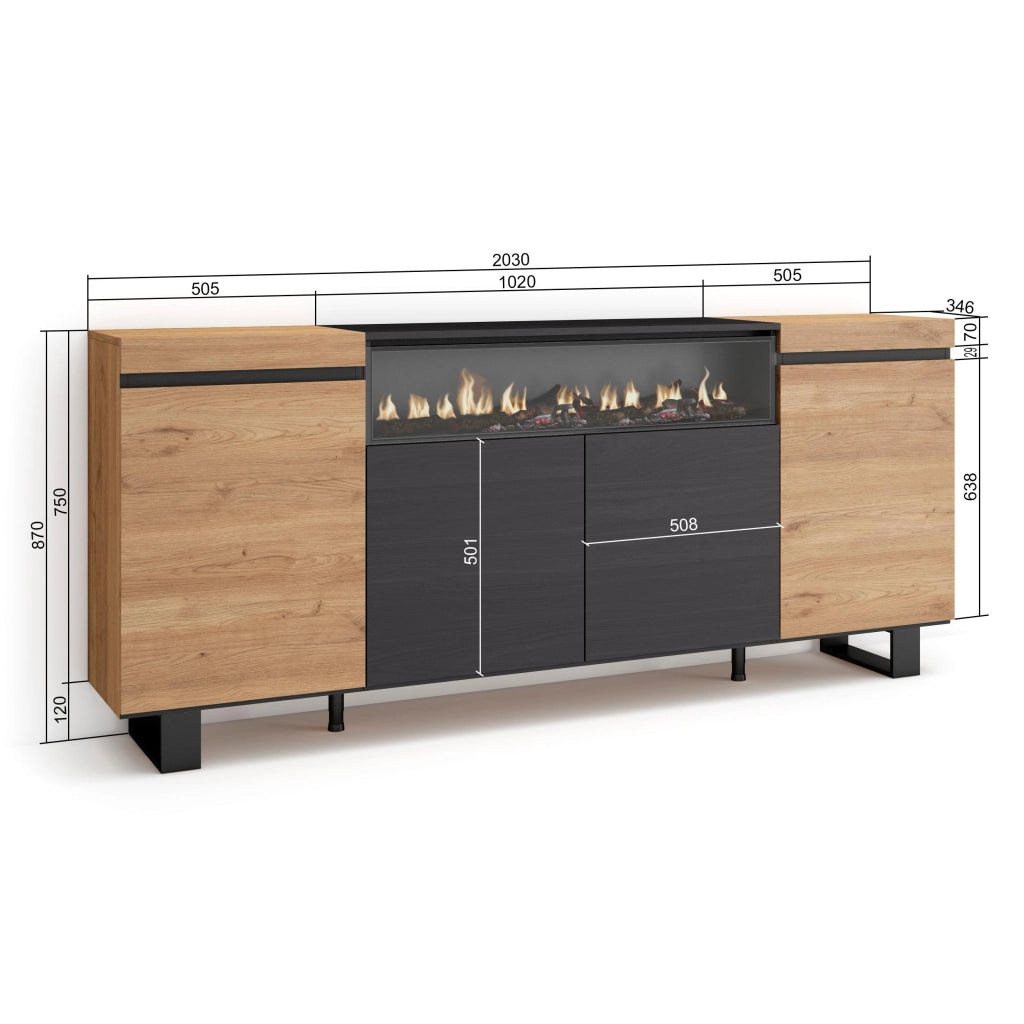 Credenza, Mobile, 200x35x87cm, 4 Porte, Camino elettrico, Design industriale, colore Rovere e nero RF2291