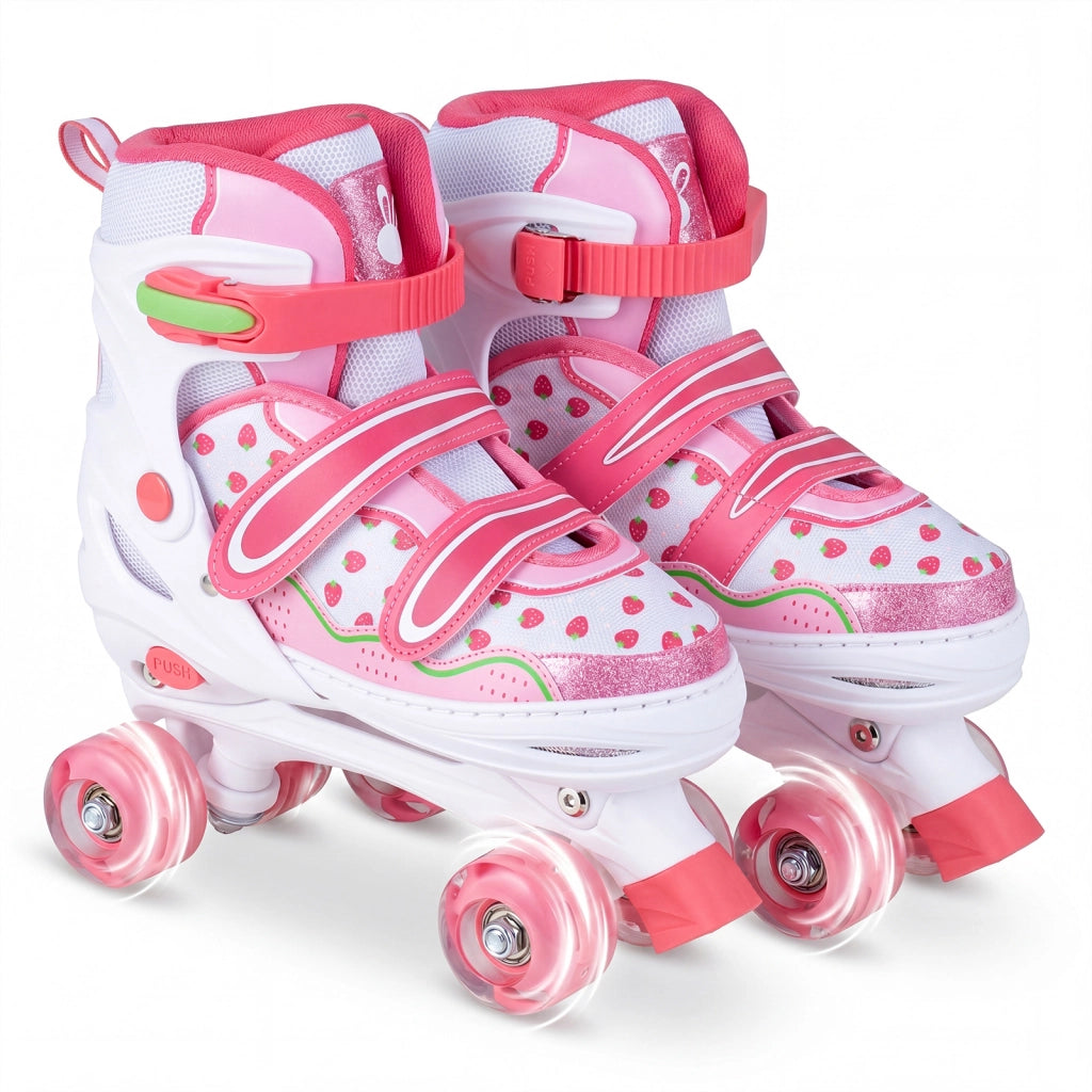 Pattini a rotelle per bambini regolabile in 4 misure, Pattini in linea con 4 ruote luminose tripla protezione cuscinetti lisci e freno Rosa L