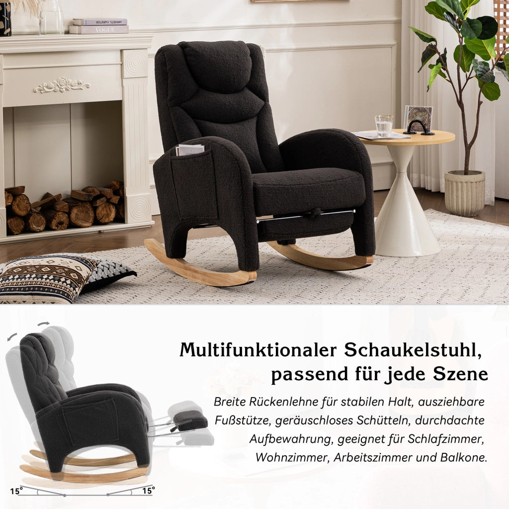 Poltrona a dondolo con poggiapiedi pieghevole e schienale ergonomico in tessuto teddy grigio scuro 110 kg
