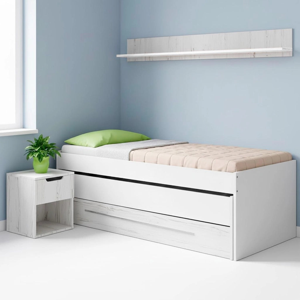 Letto Estraibile Con Cassetto Integrato E Mensola Design Nordico Ideale Per Camerette Piccole Pratico Robusto E Funzionale 65 × 199 × 96 Cm Bianco E Bianco Effetto Legno
