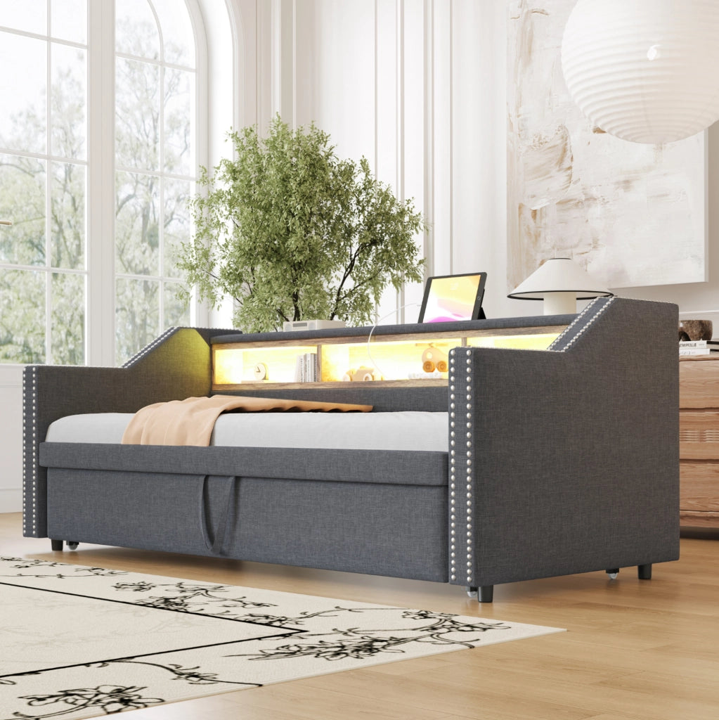 Divano letto estraibile 90/180x190 cm con LED e USB