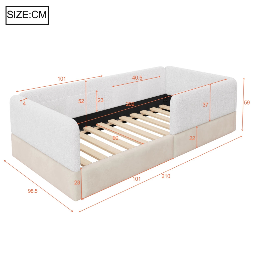 Letto singolo 90 × 200 cm con barriera di sicurezza, tasche portaoggetti, senza materasso, in MDF, bianco