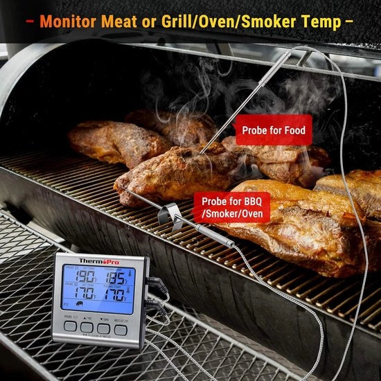 Termometro per Griglia Digitale con Timer e Due Sonde in Acciaio Inossidabile - Illuminazione Posteriore Blu - Portata Termica fino a 300°C
