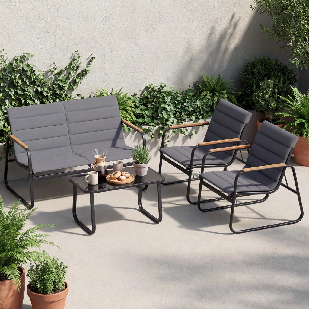 Mobili esterno 4 pz conversazione patio cuscini morbidi tavolino vetro temperato-Mobili sedie giardino veranda balcone giardino cortile