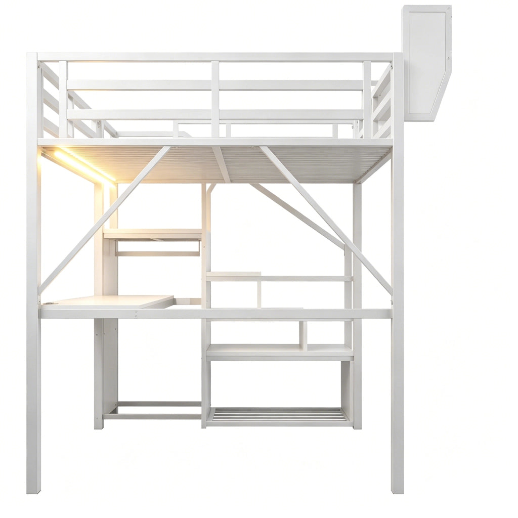 Letto a soppalco 140 × 200 cm con scrivania, scaffale regolabile, LED e scala di sicurezza, senza materasso, bianco