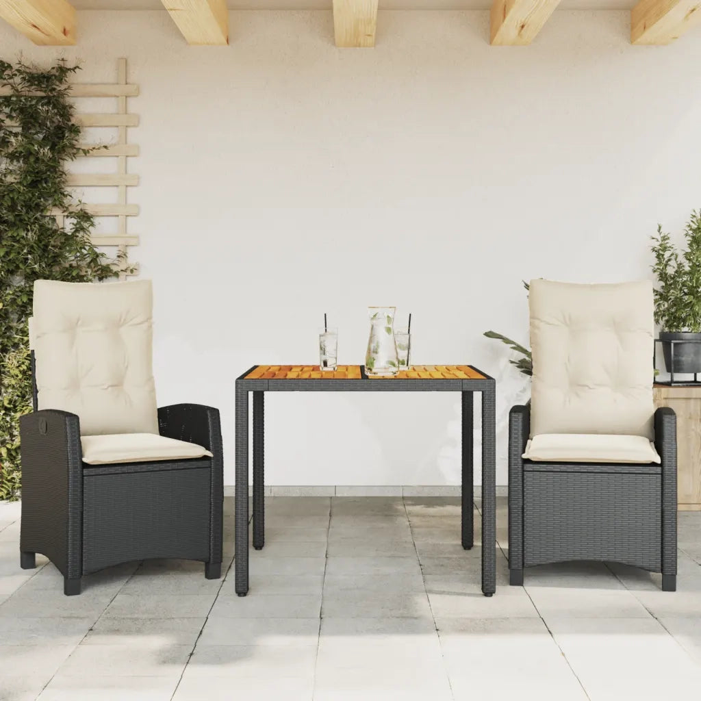 Set da Pranzo da Giardino 3 pz | Set Salotto da Giardino con Cuscini Nero in Polyrattan