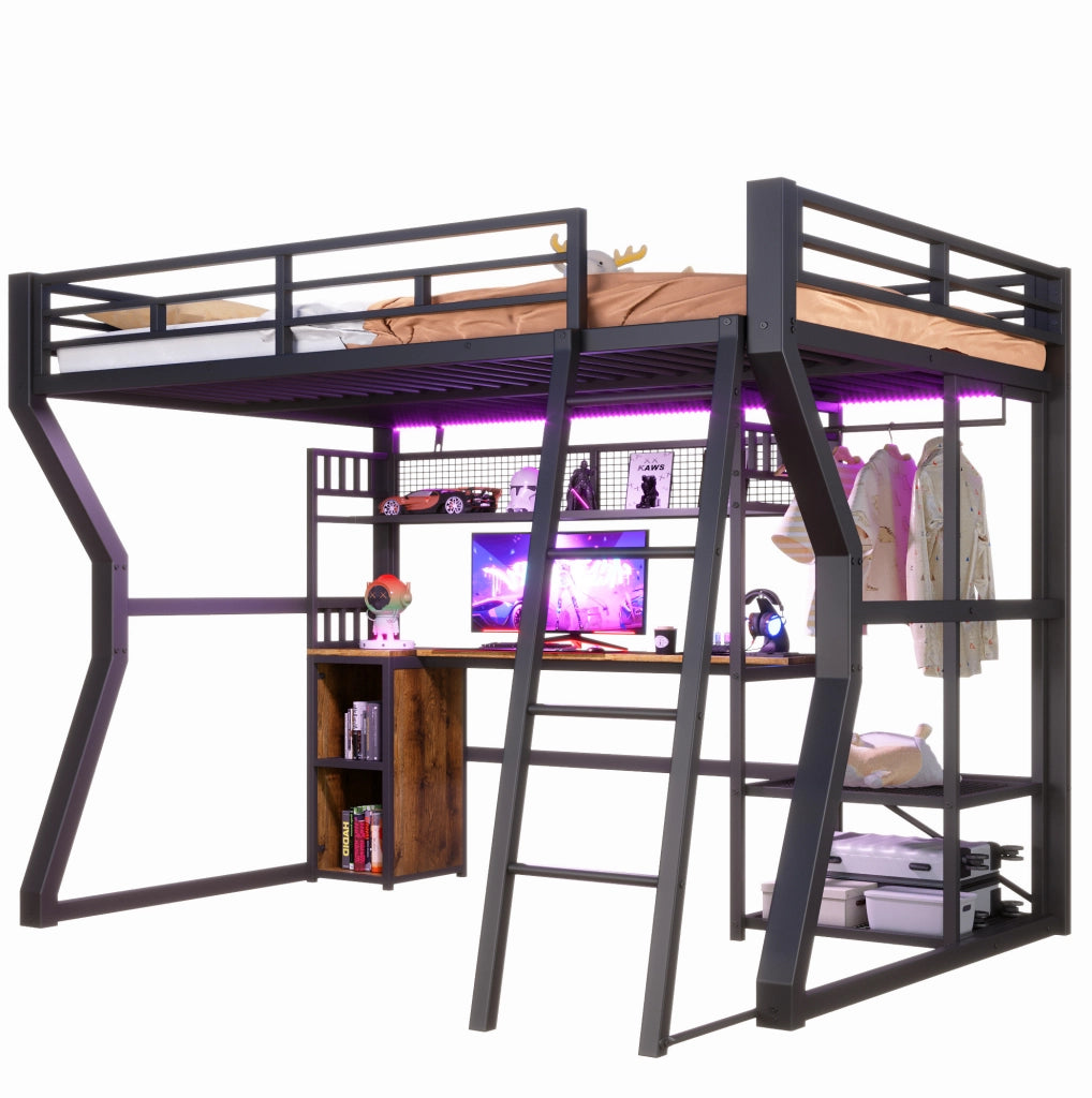 Letto a soppalco 204x181.5x180 cm con luce; presa e scrivania in metallo e MDF nero