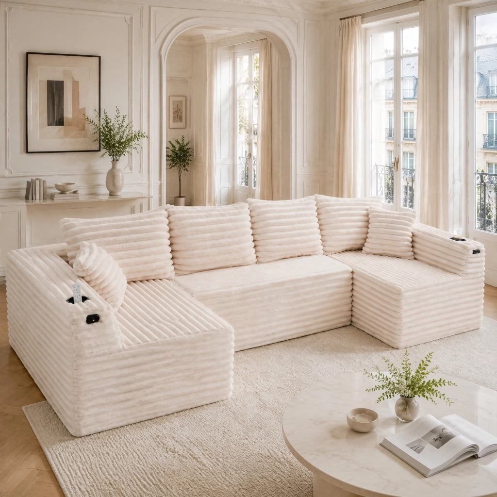 Divano modulare a U in corduroy beige con porta bicchieri, tasche laterali e imbottitura con molle, 320×155×88 cm