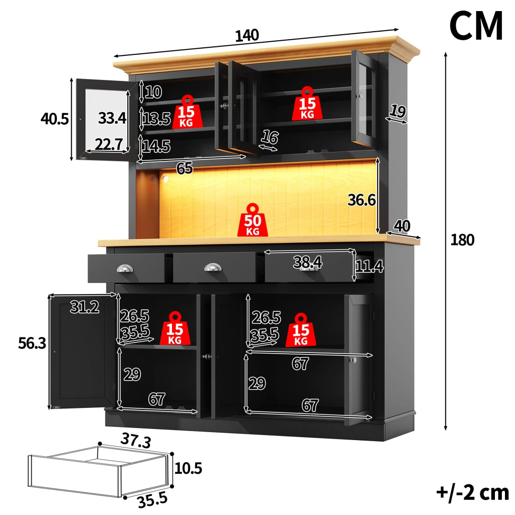 Credenza alta vetrina LED con anta in vetro e ripiani regolabili; per sala da pranzo; nero; 140 × 40 × 180 cm