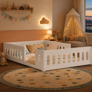 Letto a piattaforma 140 × 200 cm con recinto semichiuso in legno e MDF bianco; altezza 40 cm
