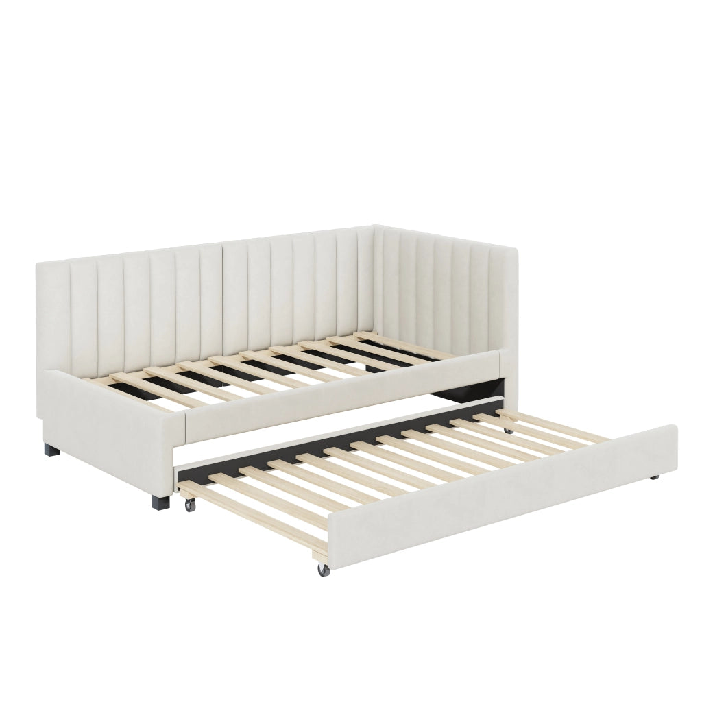 OKWISH Letto a Divano 90×200 cm, Letto Singolo con Letto Estraibile, Testiera Imbottita e Rete a Doghe, senza Materasso, Beige