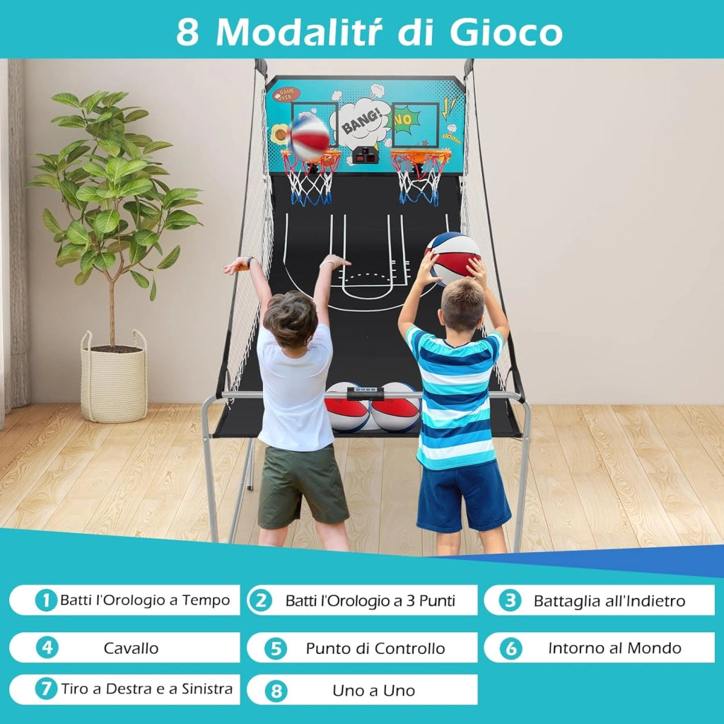 Macchina da Pallacanestro Elettronica, Canestro Basket da Camera a Doppio Tiro Pieghevole con Punteggio Elettronico, 4 Palle, 8 Modalità di Gioco e 2 Canestri (Verde)