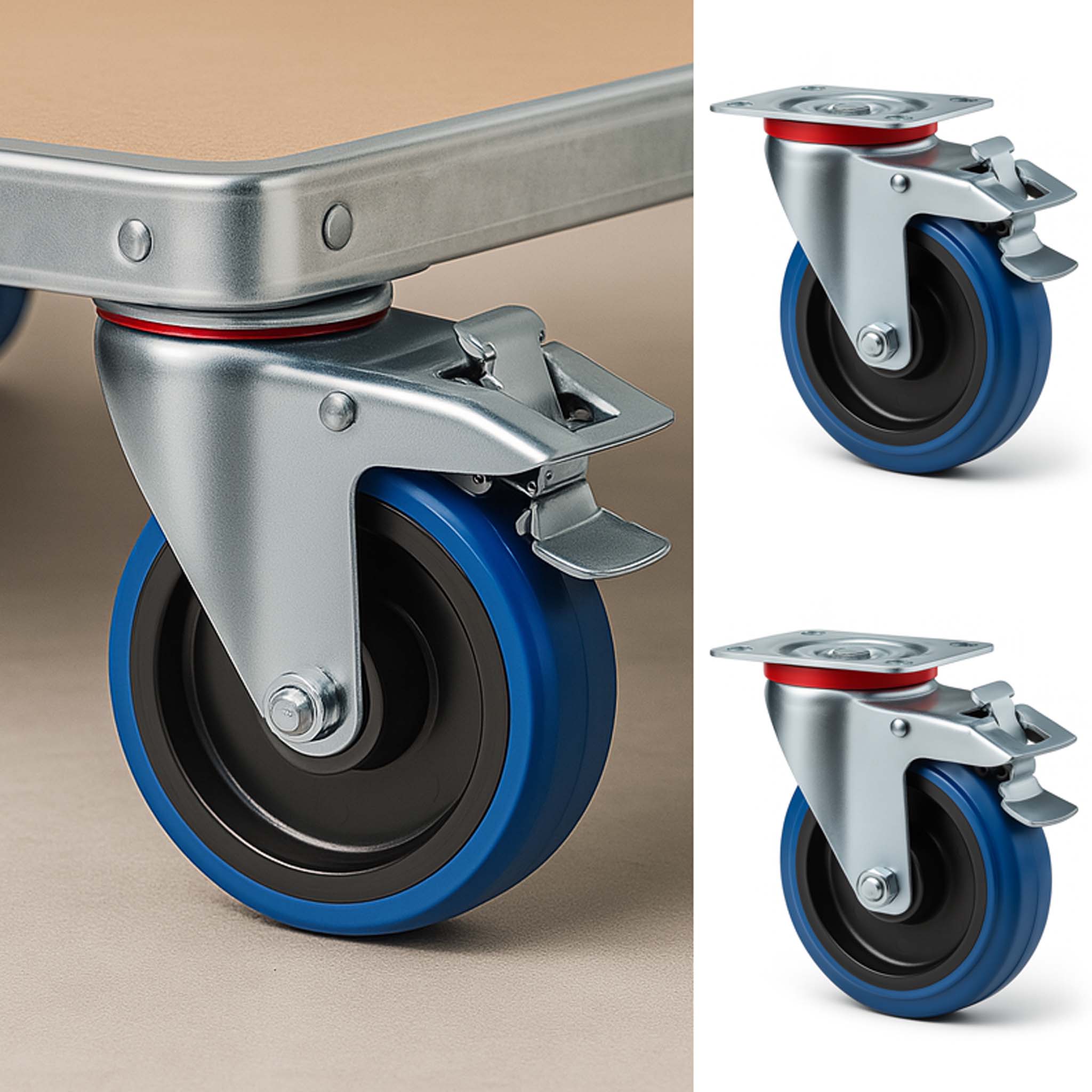 Set 2 ruote girevoli con freno, per trasporto, 200mm, plastica e gomma, max 350 kg a rotella