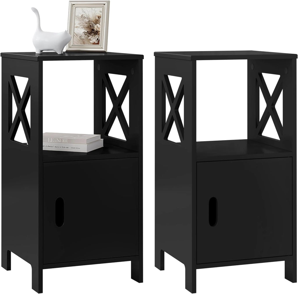Comodino per Camera da Letto Stretto, Set di 2, Tavolino da Salotto, Nero, Piccolo, con 1 Vano Aperto e 1 Vano Nascosto, per Cameretta e Soggiorno, MDF, 30x30x60cm