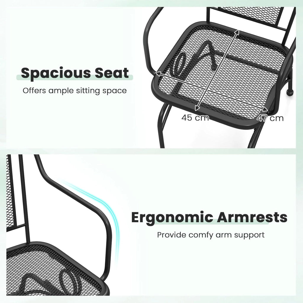 Set di 2 sedie a dondolo, schienale ergonomico, seduta in rete metallica, cuscinetti regolabili, sedia a dondolo per giardino, balcone, bordo piscina, capacità 150 kg, colore nero