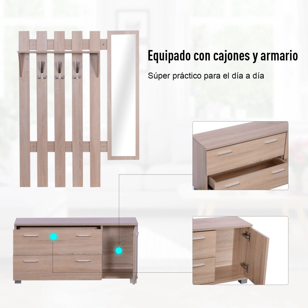 Set Ingresso con Specchio Appendiabiti Scarpiera 3 Ganci Ripiani e 2 Cassetti ¨C Zephmum ¨C Rovere