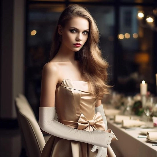 Vestiti da danza per donna - Maniche lunghe a maglia satinate | Maniche elastiche per sposa, per opera, per ballo e per festa | Beige | 52cm di lunghezza, 10cm di larghezza