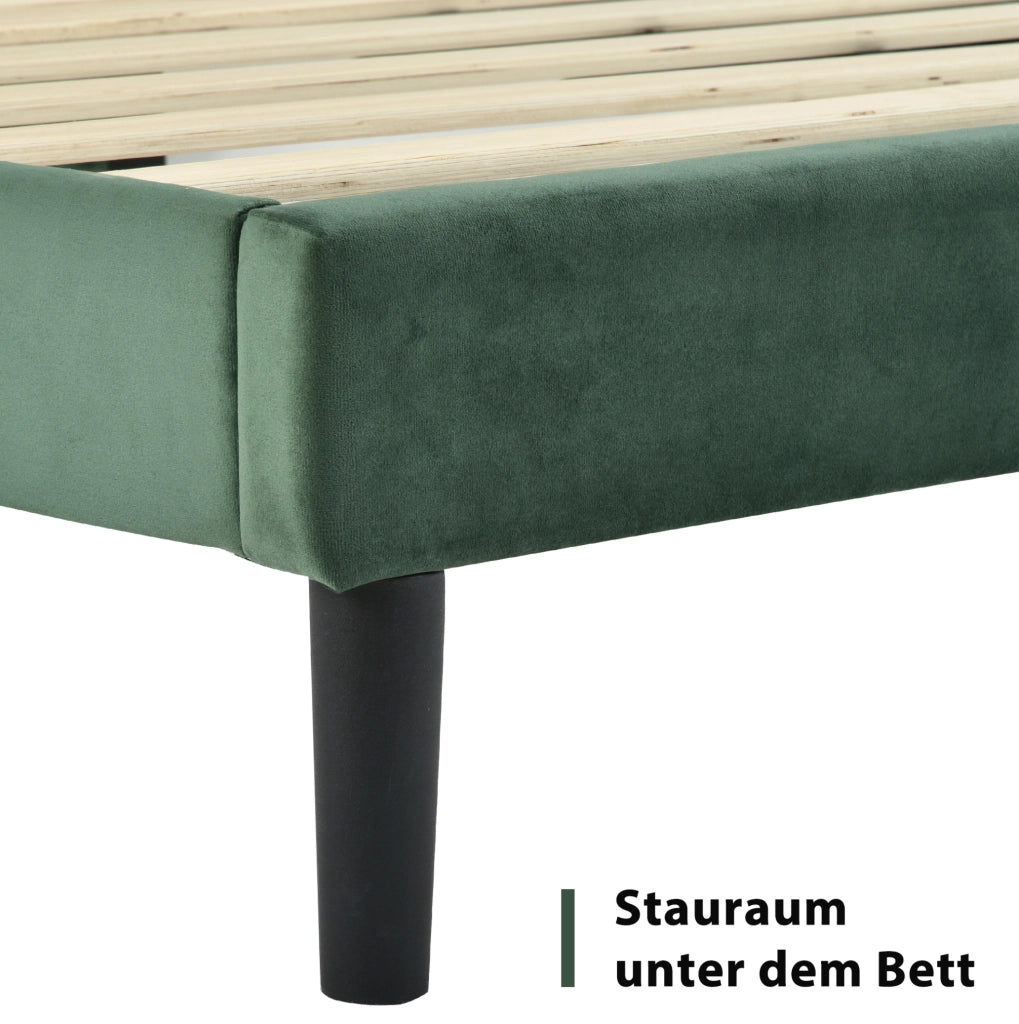 Letto imbottito con rete a doghe e testiera; 90x200 cm; velluto verde scuro