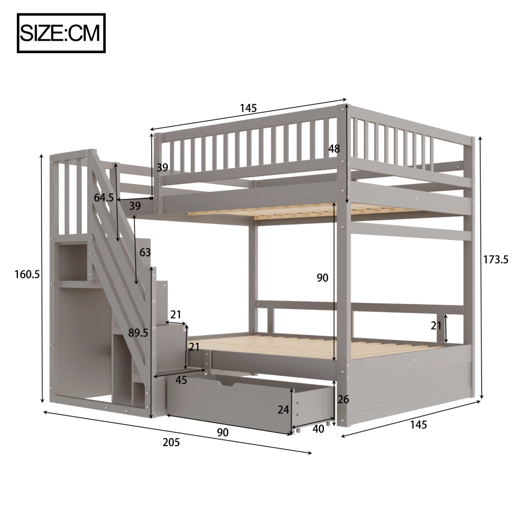 Letto a castello in legno massello 140x200 cm grigio con scala contenitore e cassetti