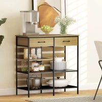 Buffet da cucina, con 2 cassetti e 3 ripiani aperti, 90 x 40 x 91 cm, Legno naturale e nero