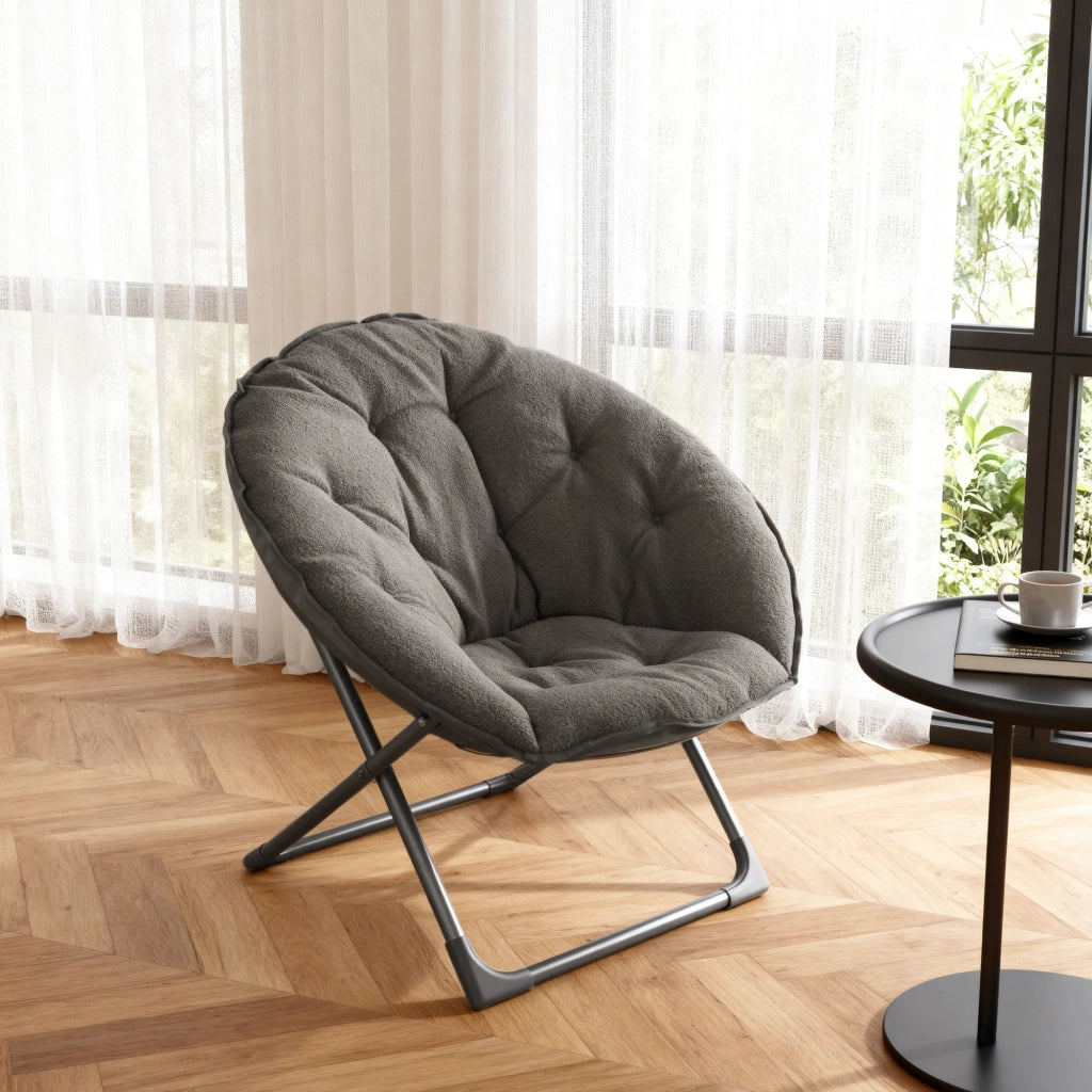 Poltrona Pieghevole Tonda ¨C MINIMAL ¨C Grigio, Tessuto Morbido, Sedia Relax per Camera