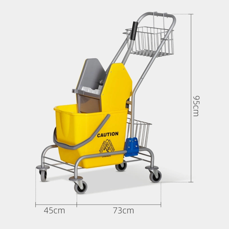 Carrello portaspazzolone per pulizie 26 L con ruote, vaschette porta-accessori, plastica gialla