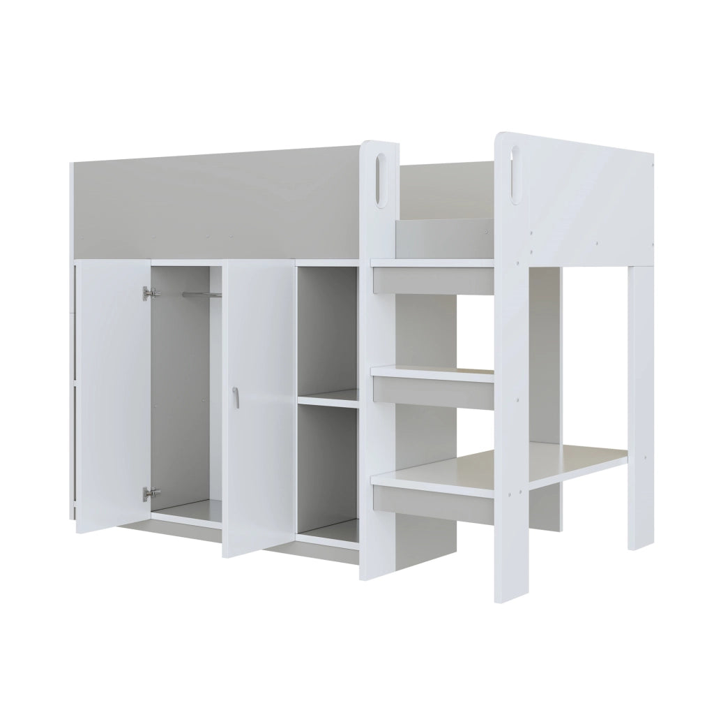 Letto a soppalco ULEVR 90x200 cm con armadio, ripiani aperti e scala integrata, bianco e grigio