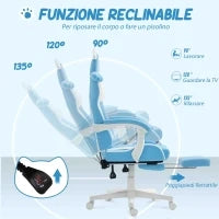 Sedia da Gaming Reclinabile con Poggiapiedi e Cuscini, in Finta Pelle e Spugna, 65x62x116-124 cm, Bianco e Rosa