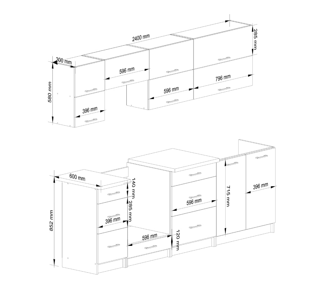 AKORD Set di Mobili da Cucina OLIWIA G2 240 cm Bianco 240 cm 10 ante 6 cassetti 240x46x203 cm