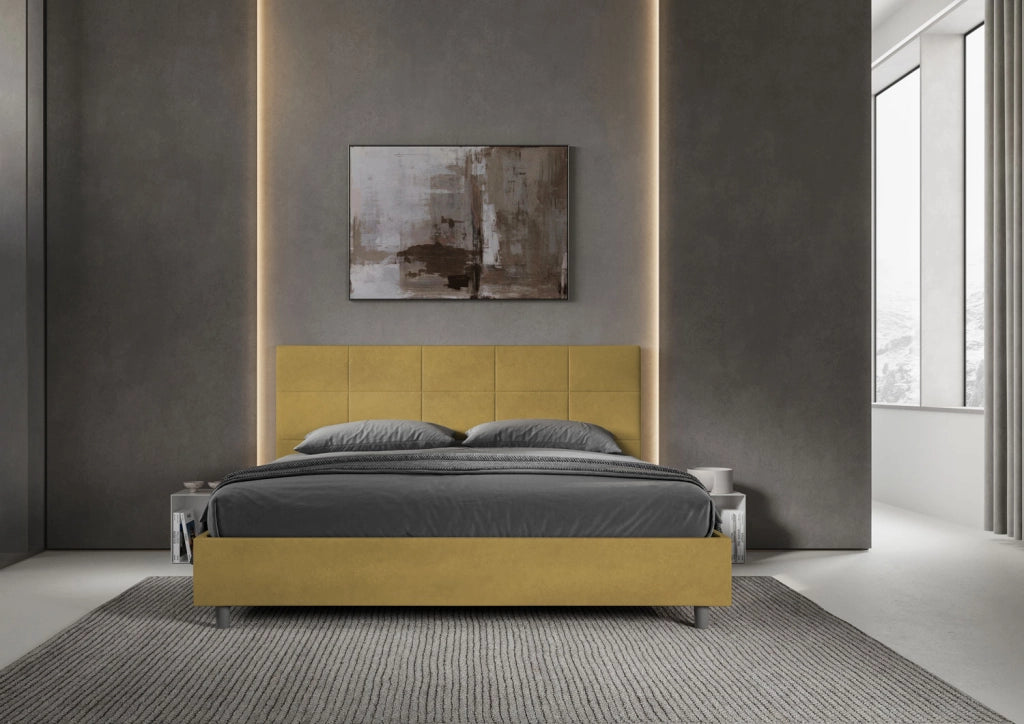 BS COM Letto matrimoniale king size con rete imbottito 180x210 microfibra ocra