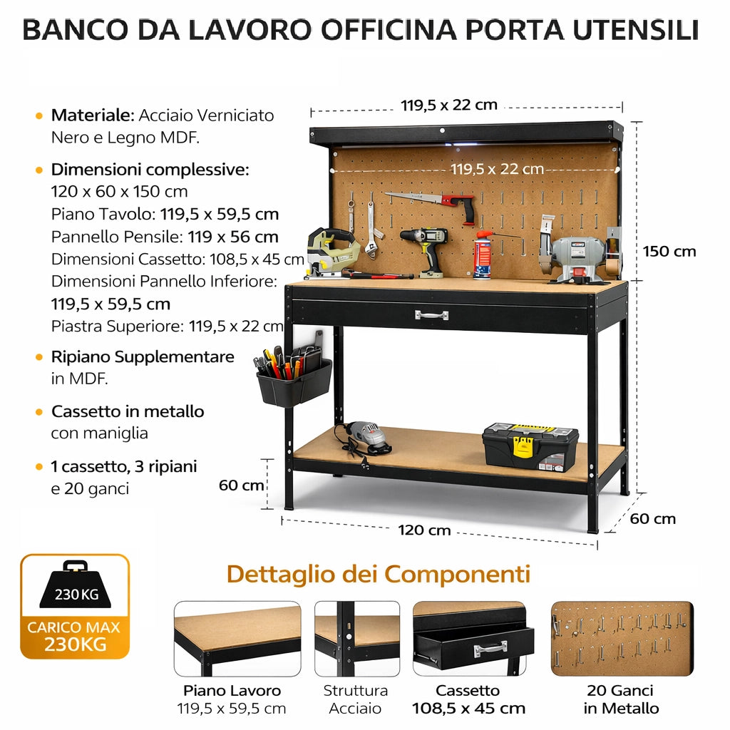 Banco Lavoro Officina Porta Utensili 120x60 H150 cm Cassetto 20 Ganci 3 Ripiani