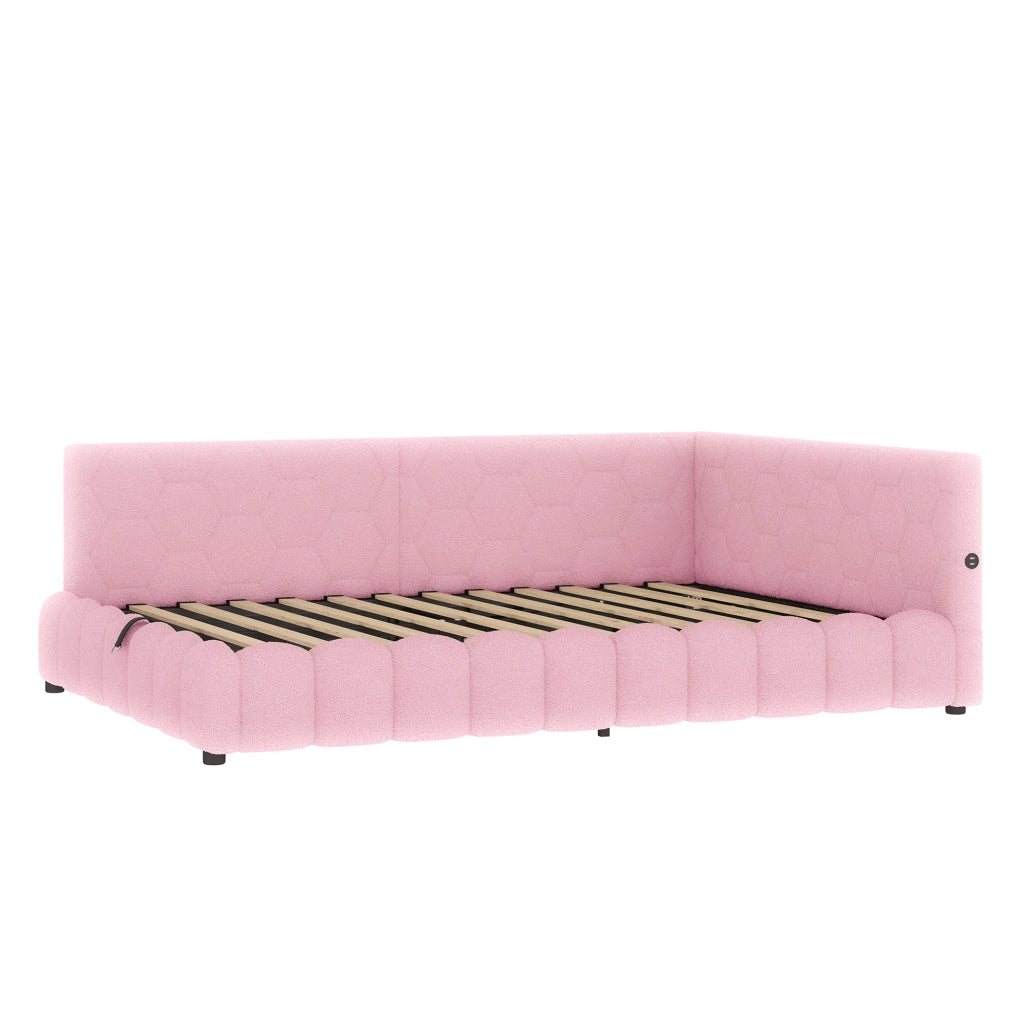 Letti contenitori 140x200 cm con vano contenitore idraulico; LED USB e Type C; velluto rosa (Senza materasso)