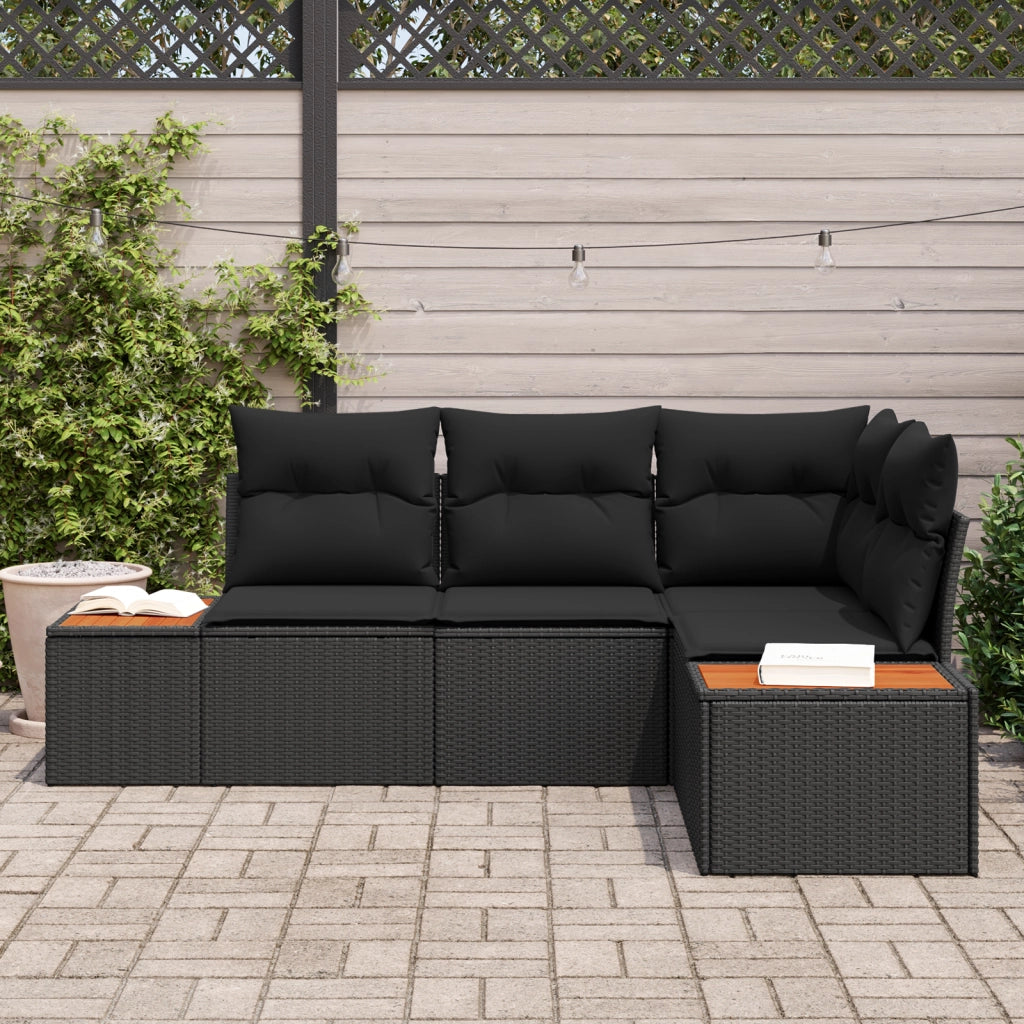 Set di Divani da Giardino a 4 Pezzi con Cuscini Nero Polyrattan Acacia