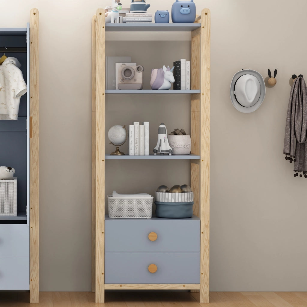 Scaffale a 4 livelli con 2 cassetti, struttura in pino, colore blu e legno naturale, 70x44x180 cm