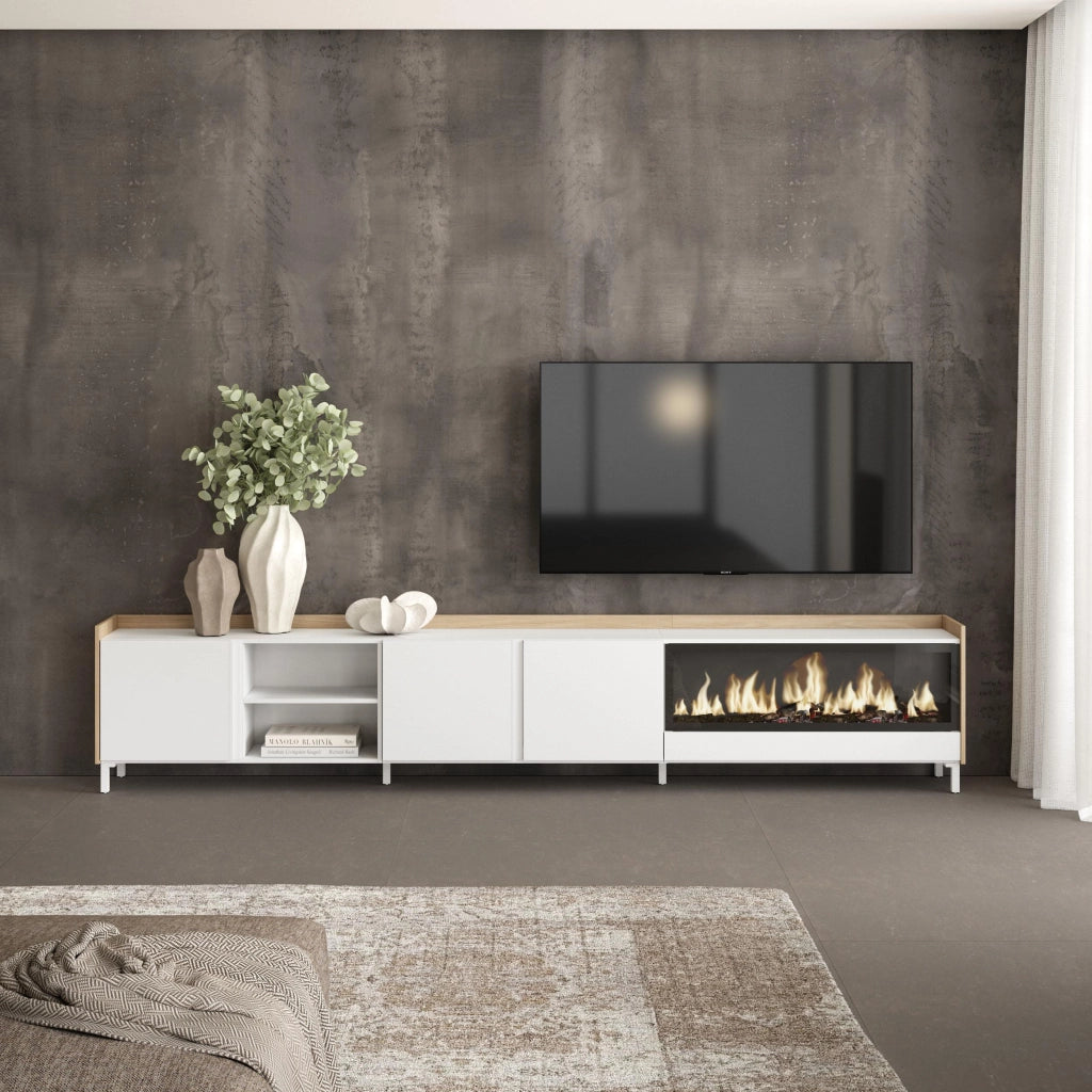 Mobile TV Soggiorno, 315x61x35 cm, Per TV fino a 80", Camino elettrico XXL, Design industriale, Bianco e Rovere soft
