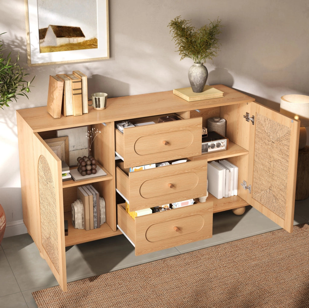 Sideboard naturale 140x40x80 cm con 2 ante e 3 cassetti